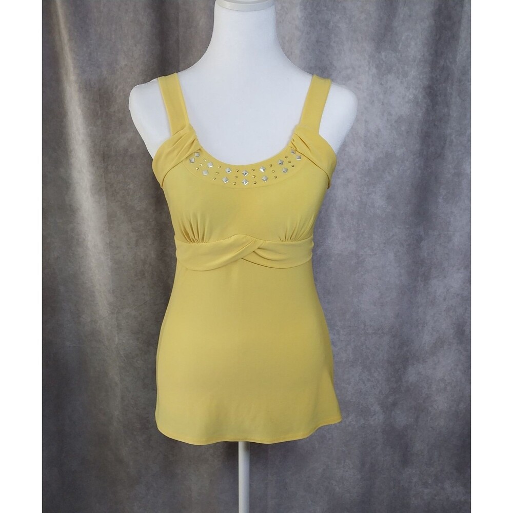Yellow Studded Empire Waist Tank Top Y2K Ruched Embellished Scoop Neck Size Med